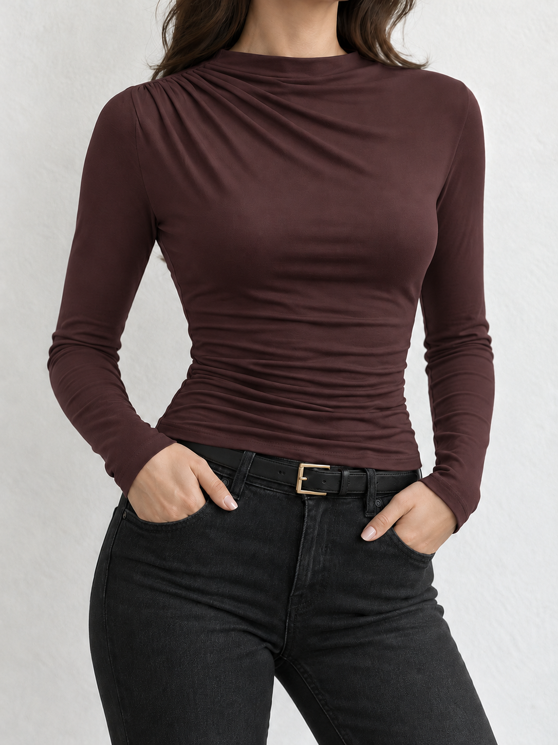 Langarmshirt mit Raffung – Bordeaux, Ansicht 14