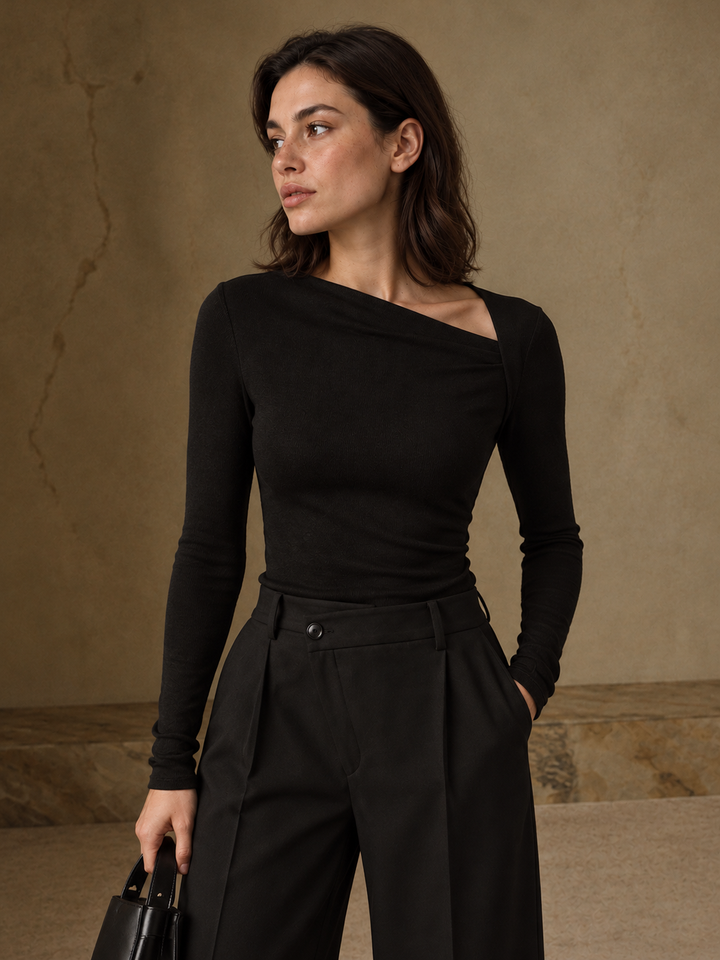 Asymmetrisches Rippstrick-Langarmshirt – Schwarz