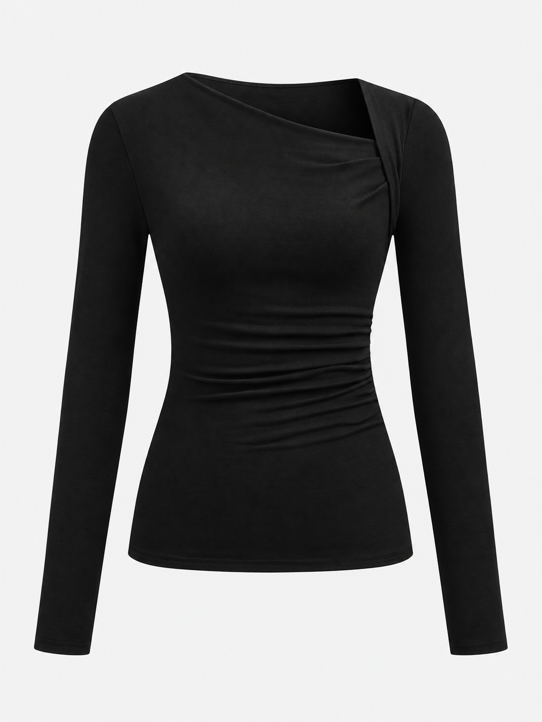 Asymmetrisches Rippstrick-Langarmshirt – Schwarz, Ansicht 5