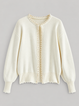 Cardigan mit Besatz in Perlenoptik und offenem Saum – Weiß, Ansicht 5