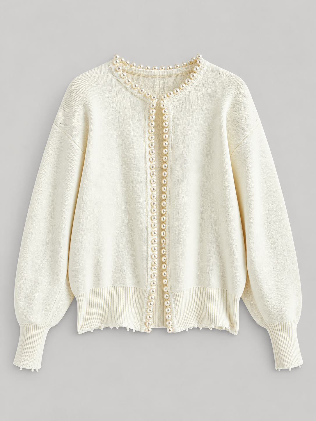 Cardigan mit Besatz in Perlenoptik und offenem Saum – Weiß, Ansicht 5