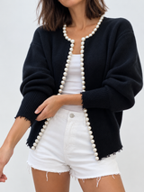 Cardigan mit Besatz in Perlenoptik und offenem Saum – Schwarz, Ansicht 11
