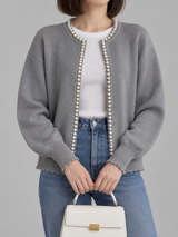 Cardigan mit Besatz in Perlenoptik und offenem Saum – Grau, Ansicht 12