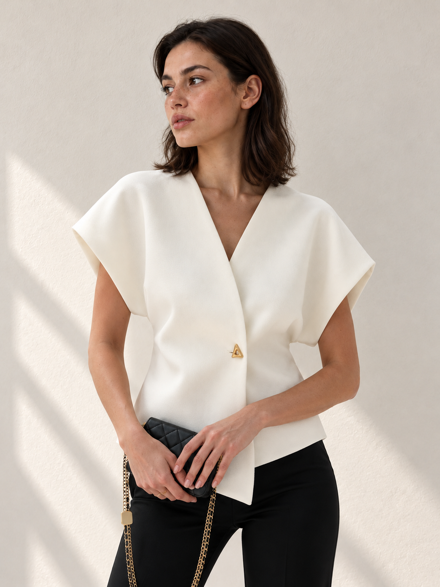 Bluse mit V-Ausschnitt und Knopfleiste – Weiß