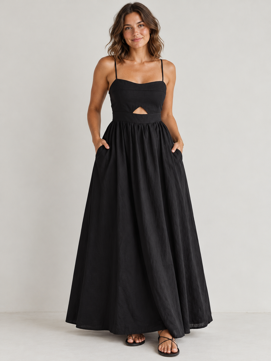 Ärmelloses Baumwoll-Maxikleid mit Taschen und Cut-outs – Schwarz