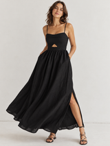 Ärmelloses Baumwoll-Maxikleid mit Taschen und Cut-outs – Schwarz, Ansicht 3