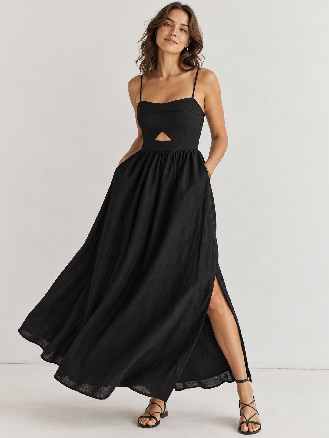 Ärmelloses Baumwoll-Maxikleid mit Taschen und Cut-outs – Schwarz, Ansicht 3