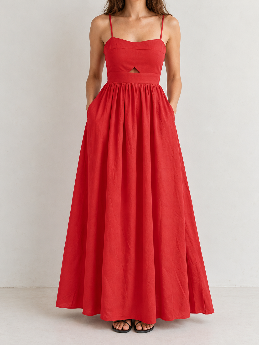 Ärmelloses Baumwoll-Maxikleid mit Taschen und Cut-outs – Rot, Ansicht 9