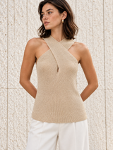 Neckholder-Top mit überkreuztem Ausschnitt – Khaki, Ansicht 7