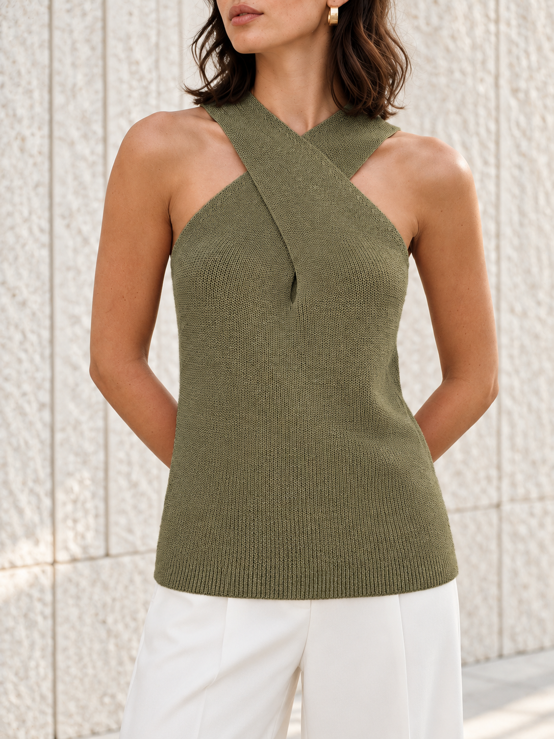 Neckholder-Top mit überkreuztem Ausschnitt – Olivgrün, Ansicht 12