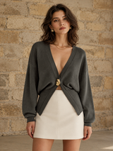 Unifarbener Cardigan mit goldfarbenen Knöpfen – Grau, Ansicht 8