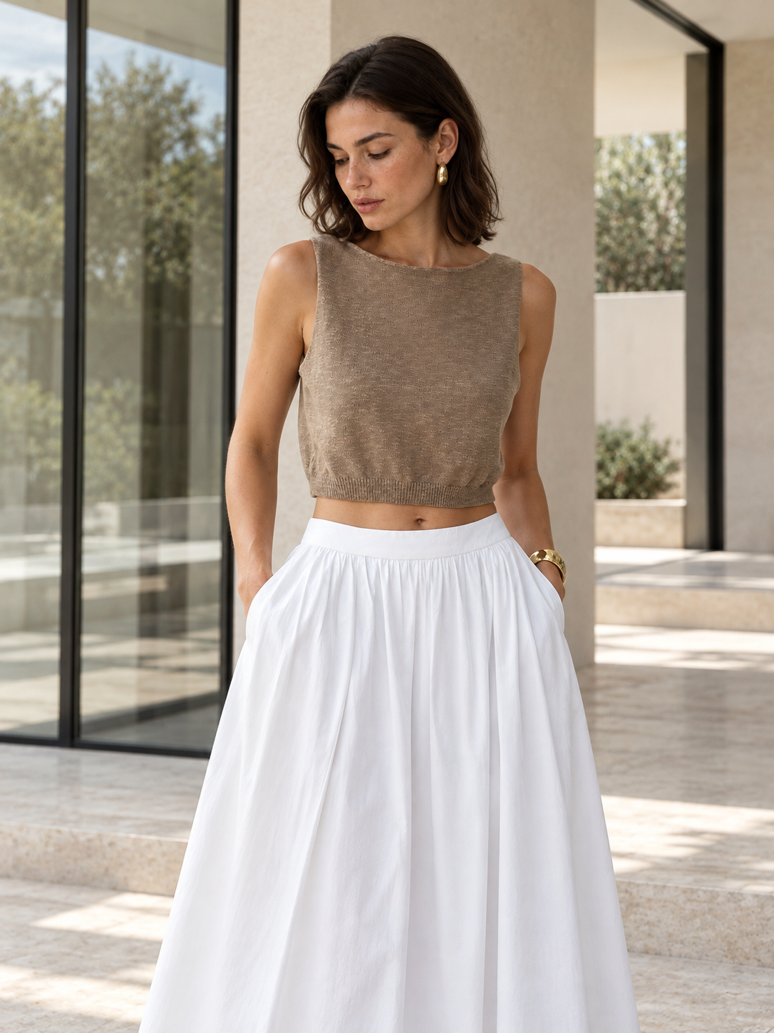 Cropped-Top aus Baumwollmix – Dunkelbraun