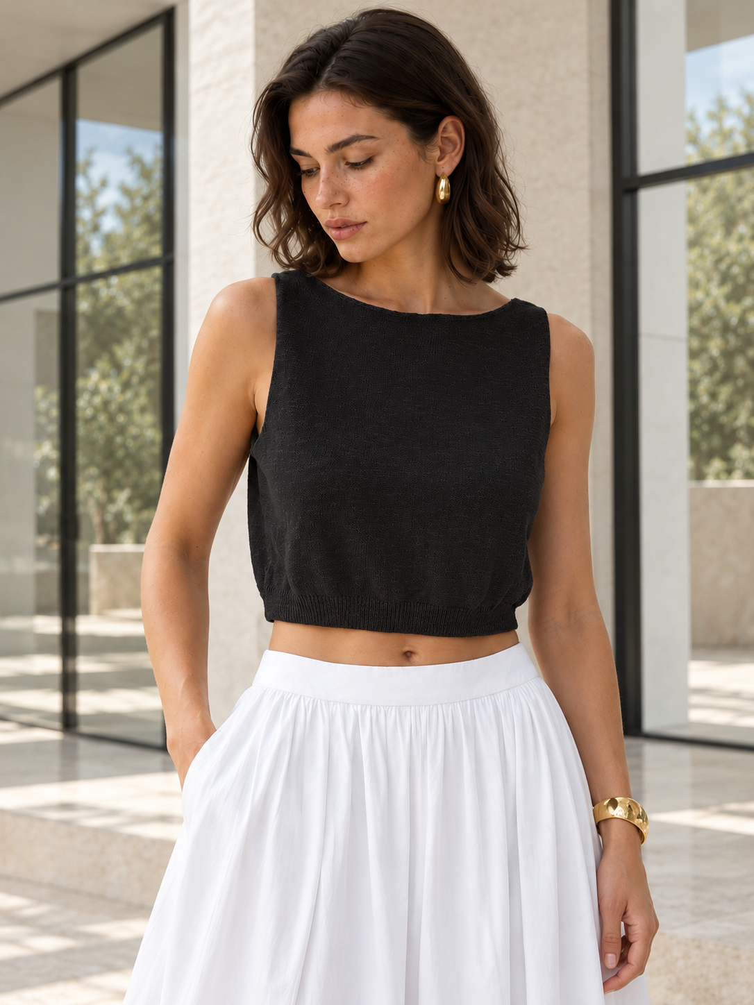 Cropped-Top aus Baumwollmix – Schwarz, Ansicht 6