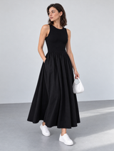 Langes Kleid mit Rundhalsausschnitt – Schwarz, Ansicht 3