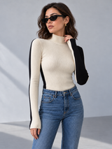 Zweifarbiges Langarm-Stricktop mit beidseitigem Design – Schwarz, Ansicht 2