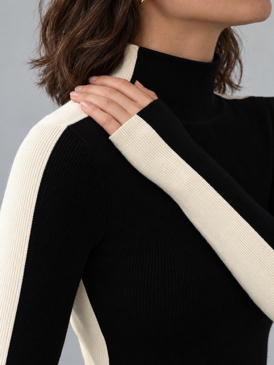 Zweifarbiges Langarm-Stricktop mit beidseitigem Design – Schwarz, Ansicht 3