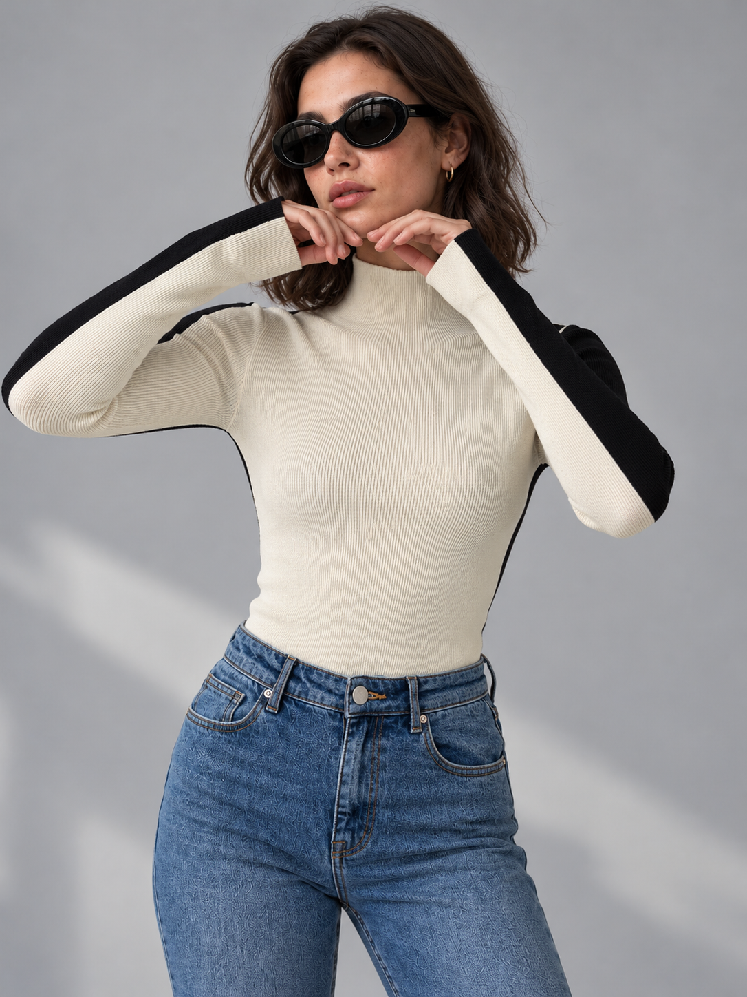 Zweifarbiges Langarm-Stricktop mit beidseitigem Design – Schwarz, Ansicht 4