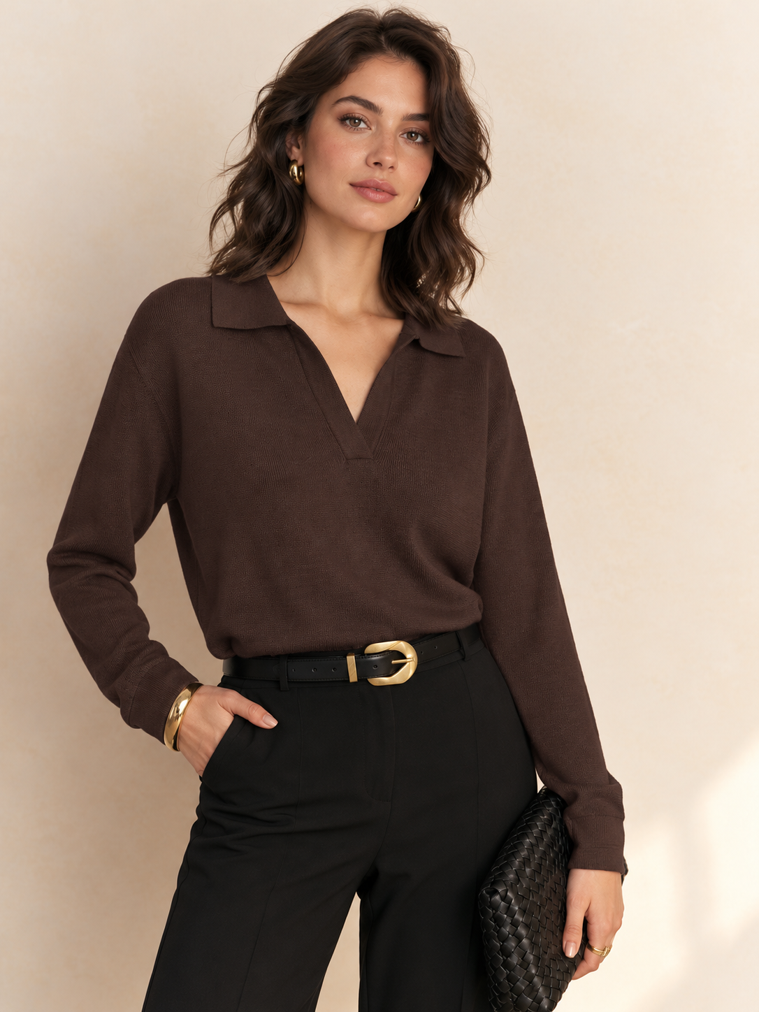 Legerer Pullover mit Kragen – Dunkelbraun, Ansicht 11