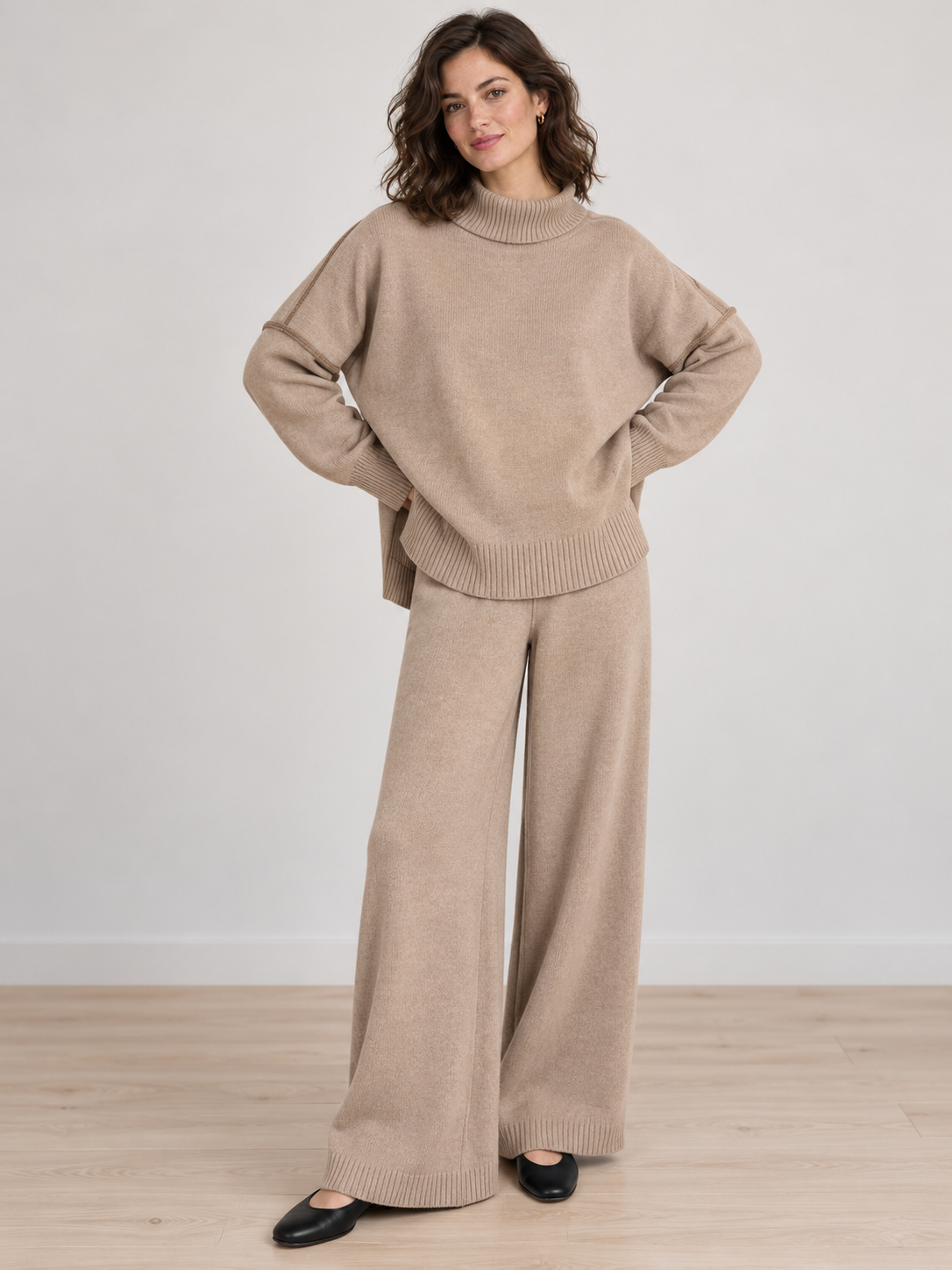 Strick-Set mit Rollkragen und Hose – Camel, Ansicht 2