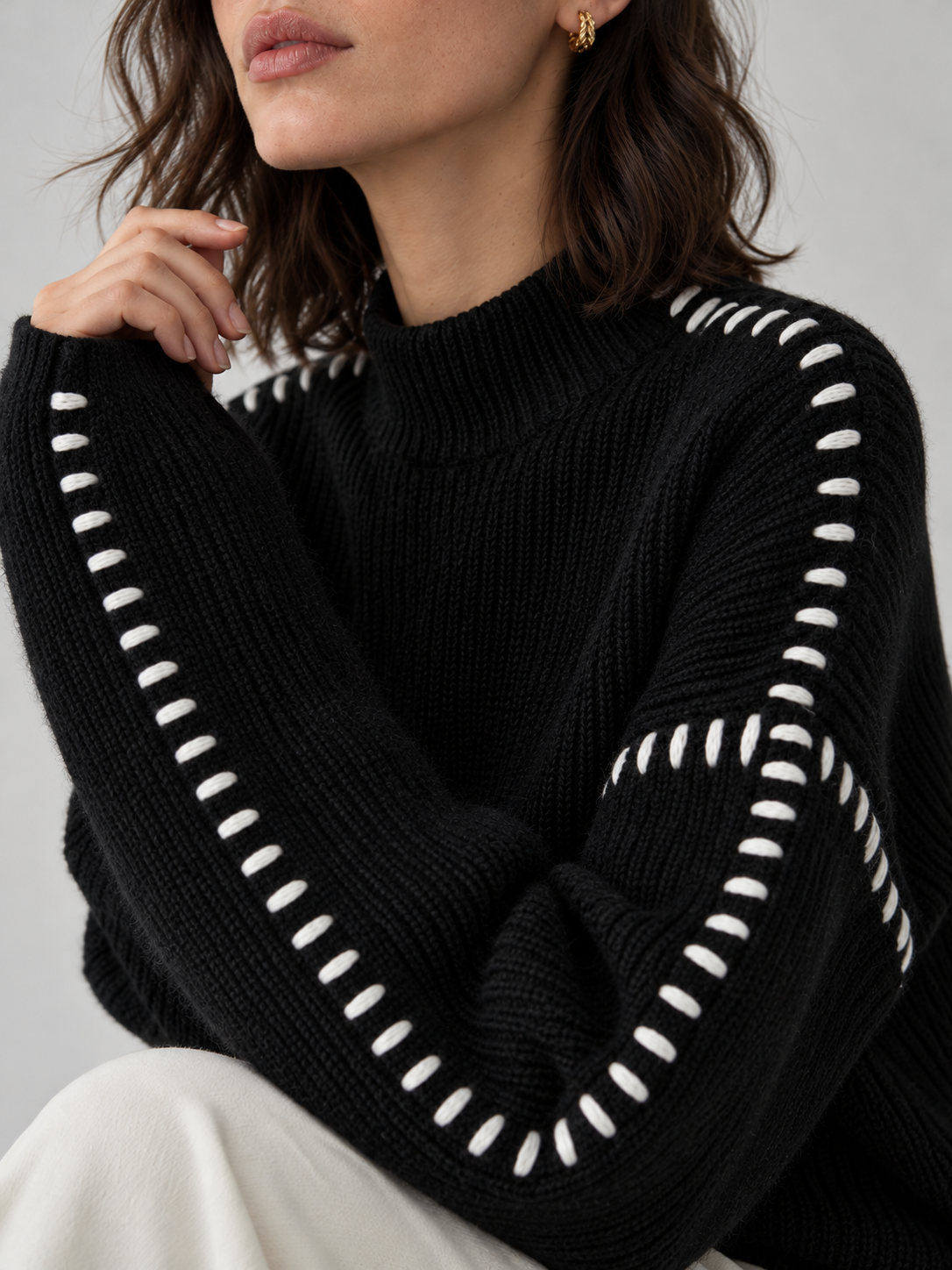 Oversized-Pullover mit Stehkragen – Schwarz, Ansicht 3
