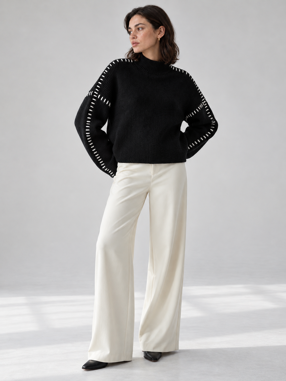 Oversized-Pullover mit Stehkragen – Schwarz, Ansicht 6