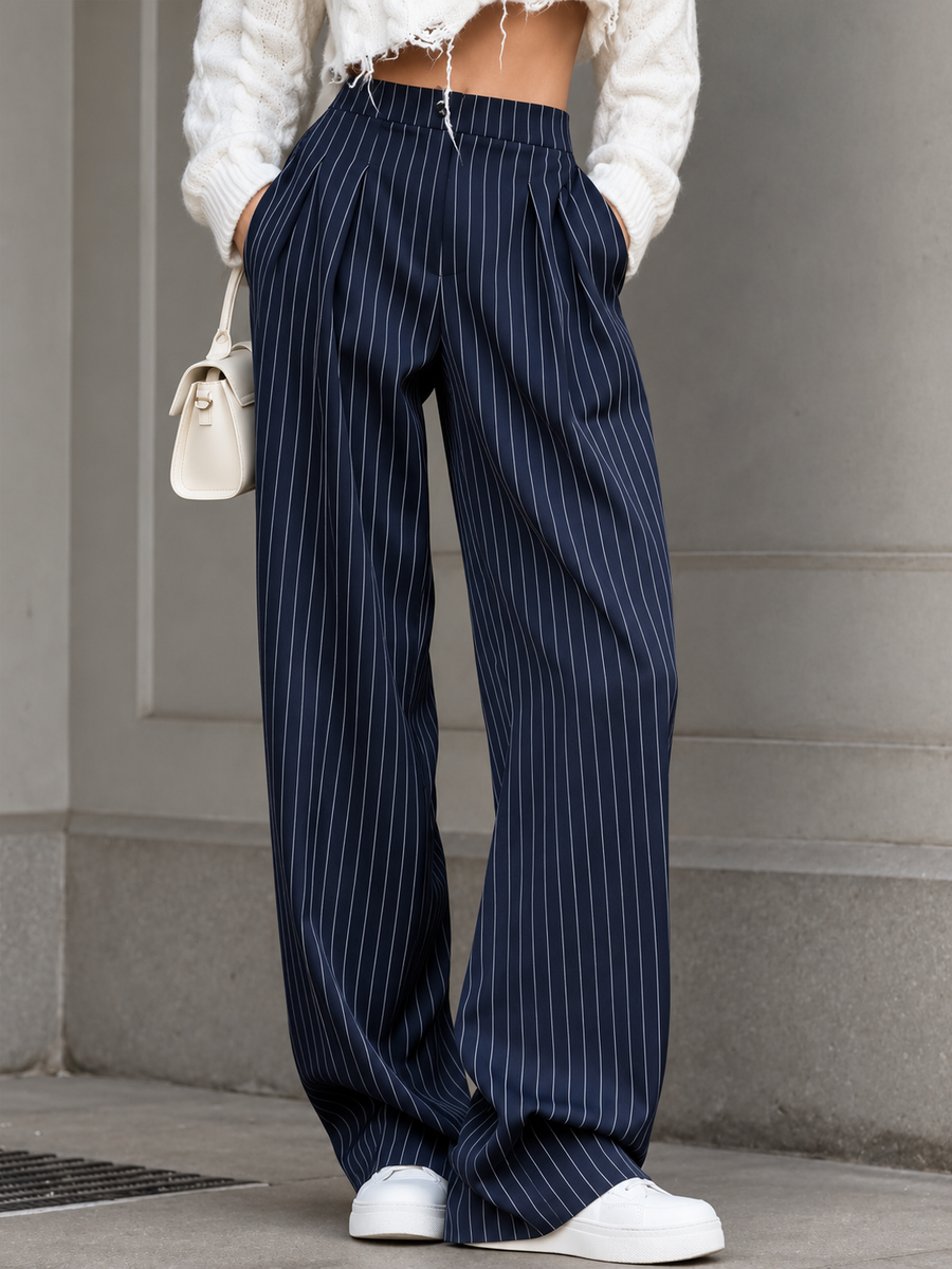 Weite Bundfaltenhose mit Nadelstreifen – Marineblau