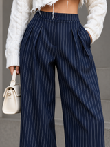Weite Bundfaltenhose mit Nadelstreifen – Marineblau, Ansicht 2