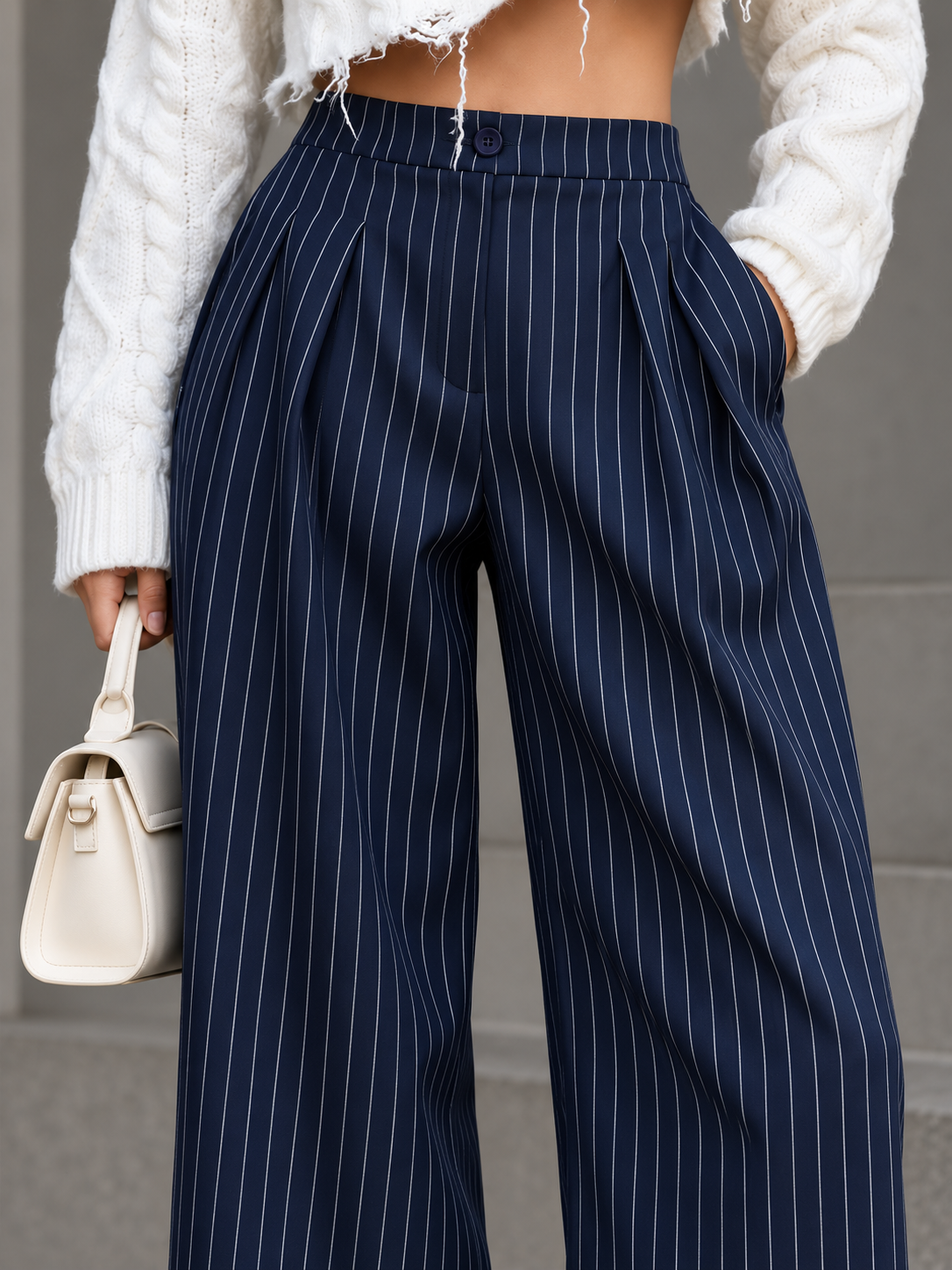 Weite Bundfaltenhose mit Nadelstreifen – Marineblau, Ansicht 2