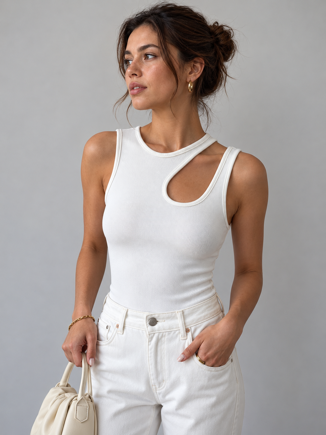 Halbtransparentes Tanktop mit Cut-outs – Weiß