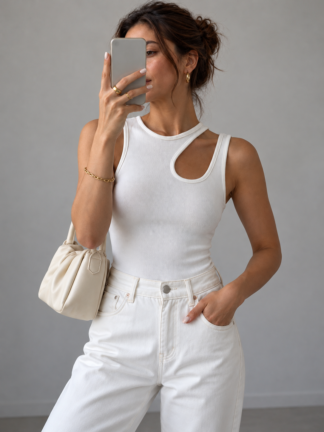 Halbtransparentes Tanktop mit Cut-outs – Weiß, Ansicht 4