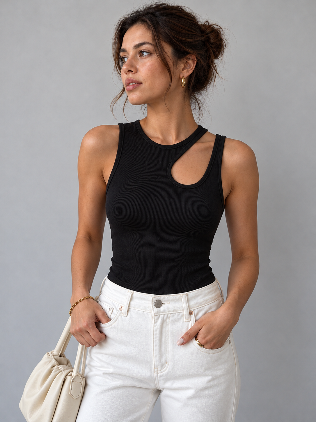 Halbtransparentes Tanktop mit Cut-outs – Schwarz, Ansicht 6