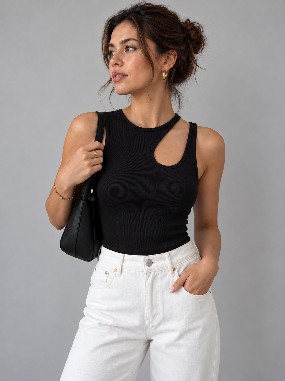 Halbtransparentes Tanktop mit Cut-outs – Schwarz, Ansicht 7