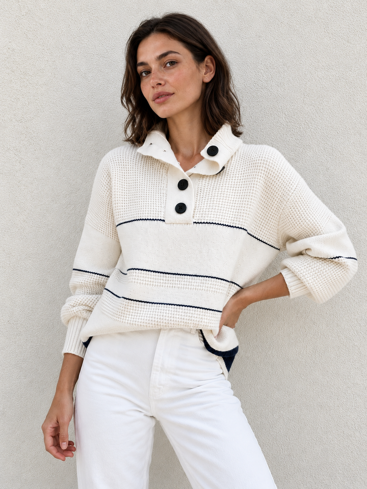 Pullover mit offenem Kragen und Knopfleiste – Weiß