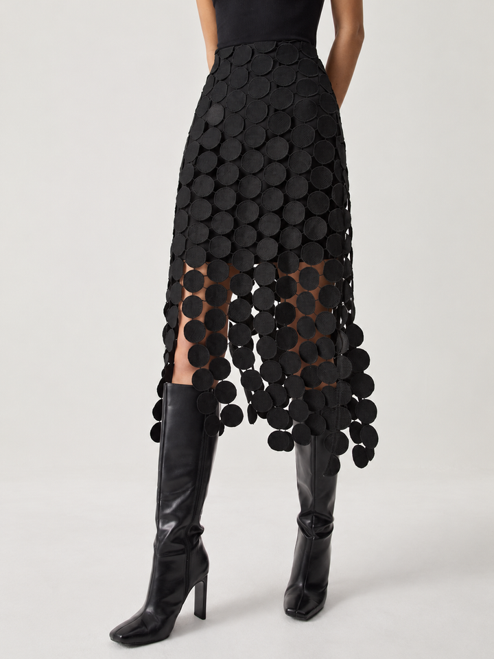 Zweilagiger Rock mit kreisförmigen Lasercut-Details – Schwarz
