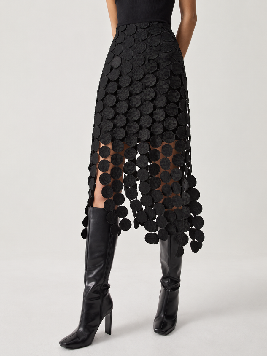Zweilagiger Rock mit kreisförmigen Lasercut-Details – Schwarz