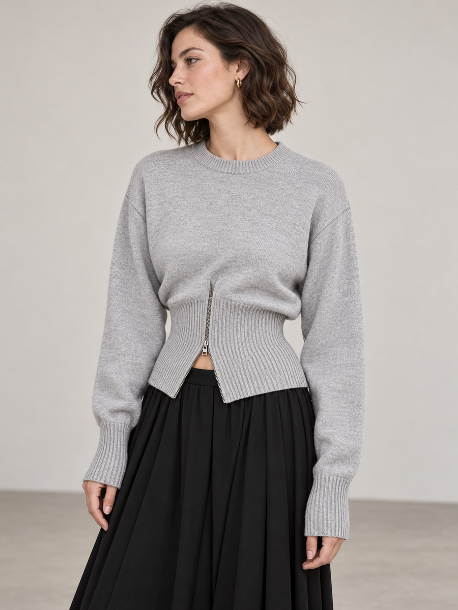Flauschiger Pullover mit halbem Reißverschluss – Grau