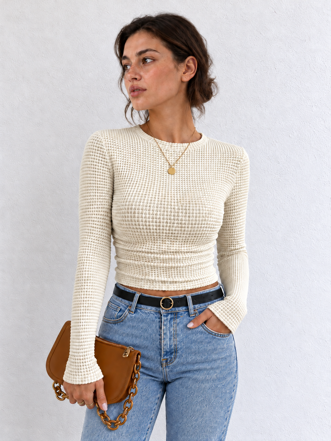 Figurbetonter Pullover mit Waffelstruktur – Apricot