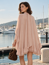Halbtransparentes Chiffonkleid mit Volants und Cape – Rosa, Ansicht 6