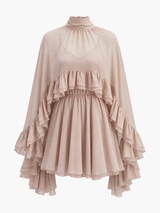 Halbtransparentes Chiffonkleid mit Volants und Cape – Rosa, Ansicht 7