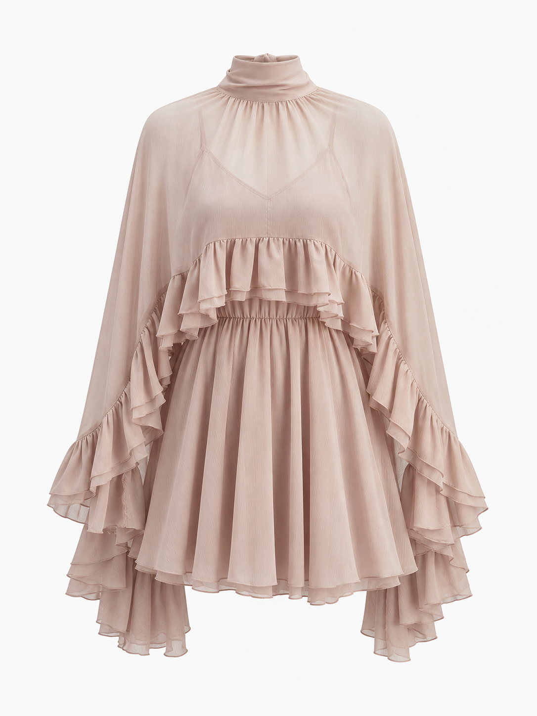 Halbtransparentes Chiffonkleid mit Volants und Cape – Rosa, Ansicht 7