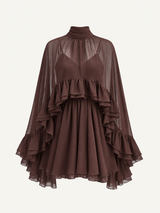 Halbtransparentes Chiffonkleid mit Volants und Cape – Dunkelbraun, Ansicht 10