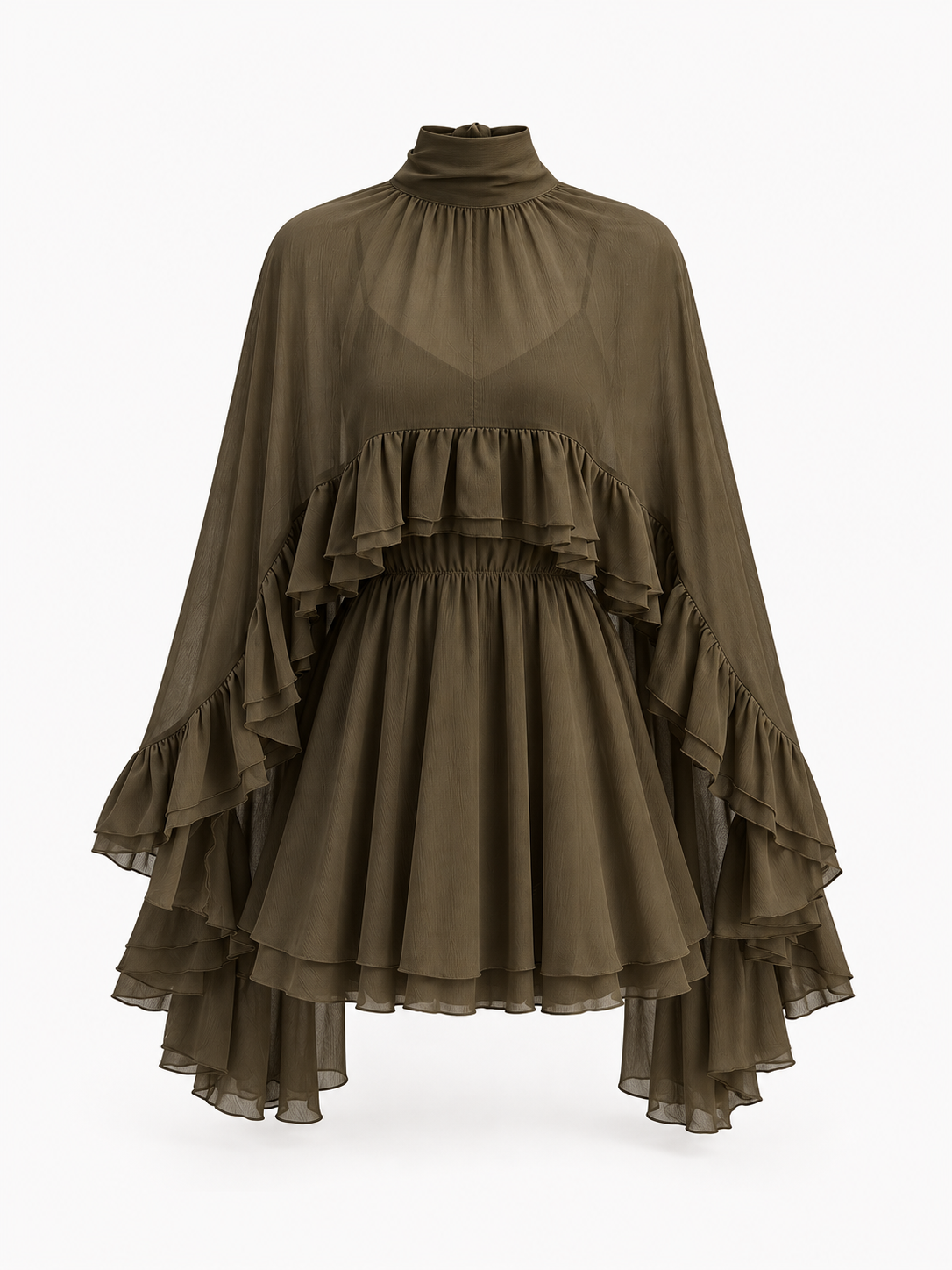 Halbtransparentes Chiffonkleid mit Volants und Cape – Dunkelgrün, Ansicht 12
