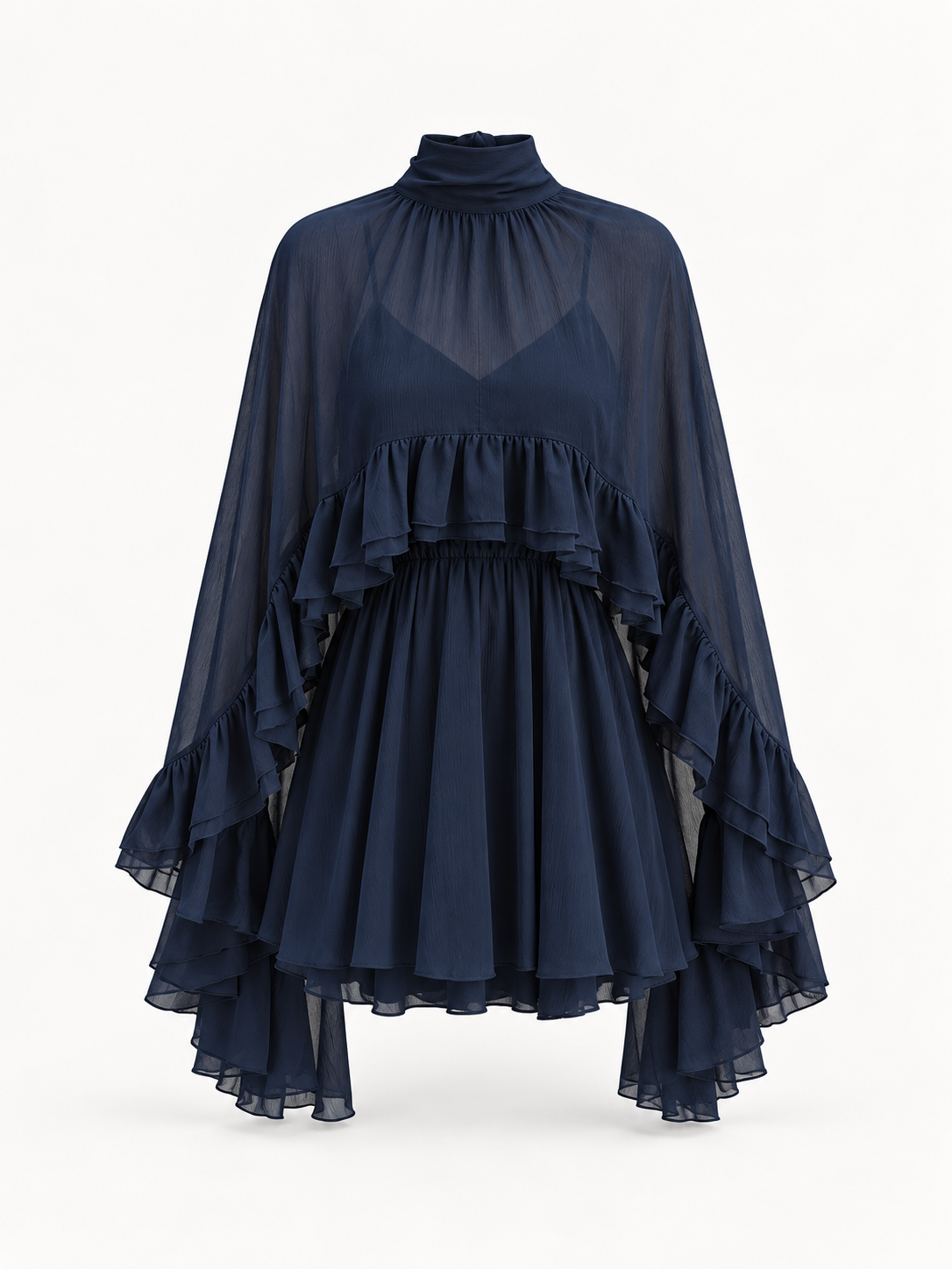 Halbtransparentes Chiffonkleid mit Volants und Cape – Marineblau, Ansicht 13