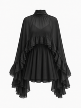 Halbtransparentes Chiffonkleid mit Volants und Cape – Schwarz, Ansicht 14