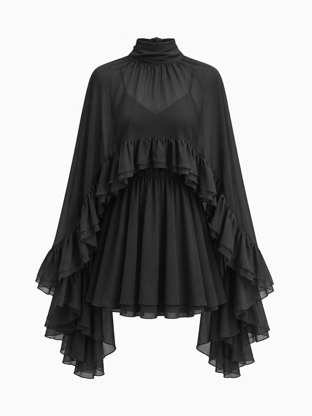 Halbtransparentes Chiffonkleid mit Volants und Cape – Schwarz, Ansicht 14