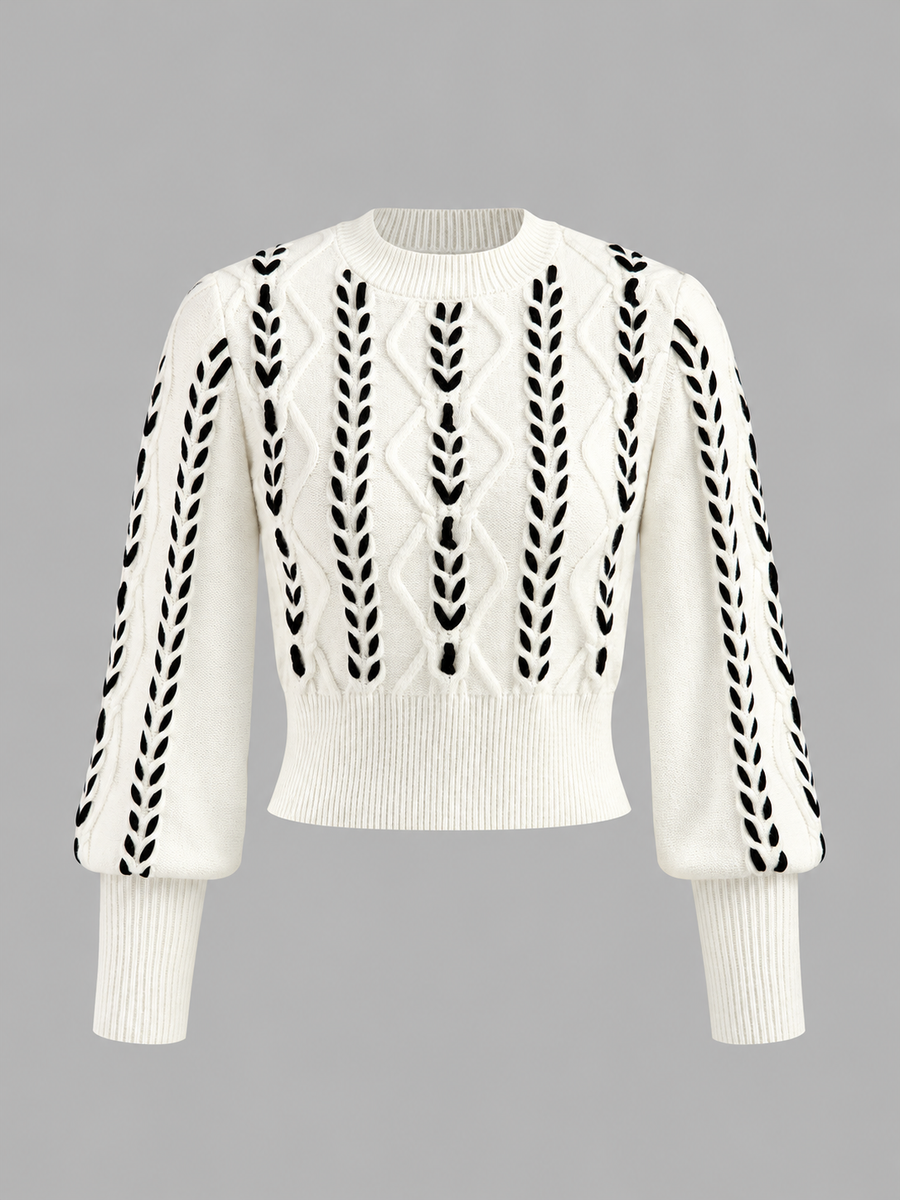 Taillierter Pullover mit Kontrasteinfassung – Weiß