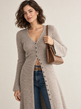 Strickkleid mit V-Ausschnitt und versetzter Knopfleiste – Hellbraun, Ansicht 3