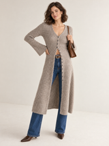 Strickkleid mit V-Ausschnitt und versetzter Knopfleiste – Hellbraun, Ansicht 4
