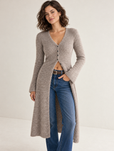 Strickkleid mit V-Ausschnitt und versetzter Knopfleiste – Hellbraun, Ansicht 5