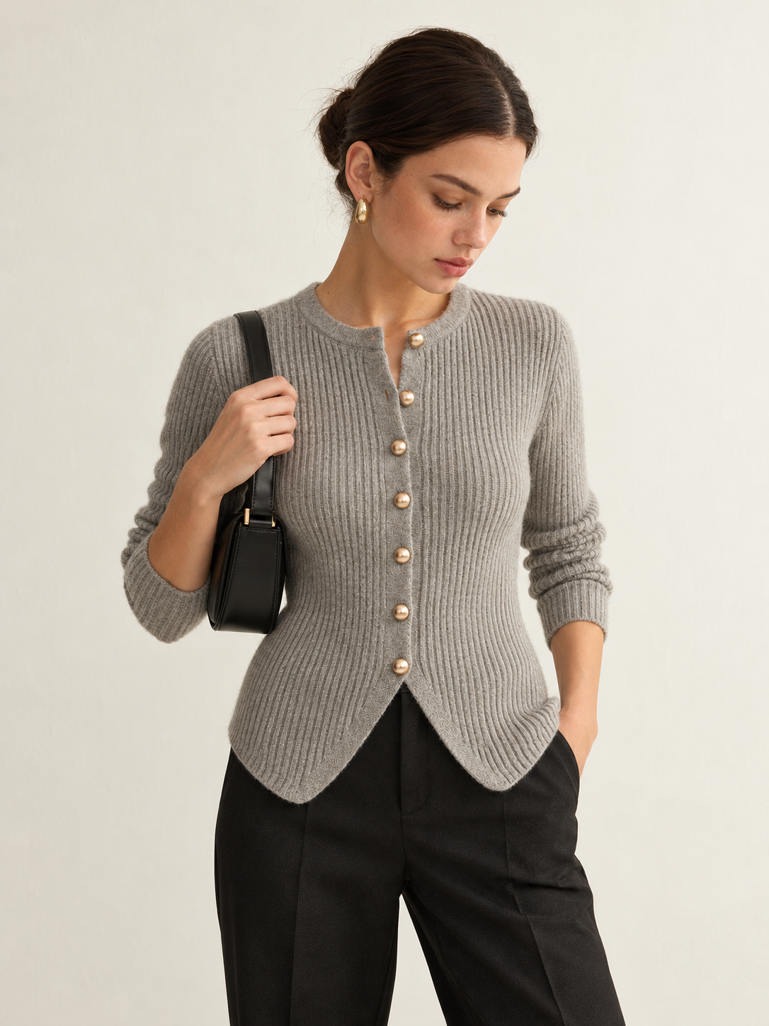 Cardigan mit Knopfleiste und Schlitz – Grau, Ansicht 2